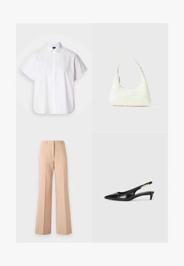 Balta trumpomis rankovėmis marškinėlių su atlenkiamu apykakle ir kreiva apačia. Pagaminta iš medvilnės, su sklandžiu paviršiumi ir be matomų raštų.; Šviesiai smėlinės spalvos, aukštu liemeniu kelnės su plačiais džinsais. Pagamintos iš lygaus audinio, turinčios priekinę raukšlę ir tvarkingą liemenį.; Juodas odinis pavasario batelių modelis su smailiu nosiu, turintis siaurą kulniuką ir auksinės spalvos akcentu reguliuojamoje juostoje. Lygi tekstūra.; Maža balta peties rankinė su viena reguliuojama juostele ir užtrauktuko uždarymu, išdėstyta ant vientiso balto fono.