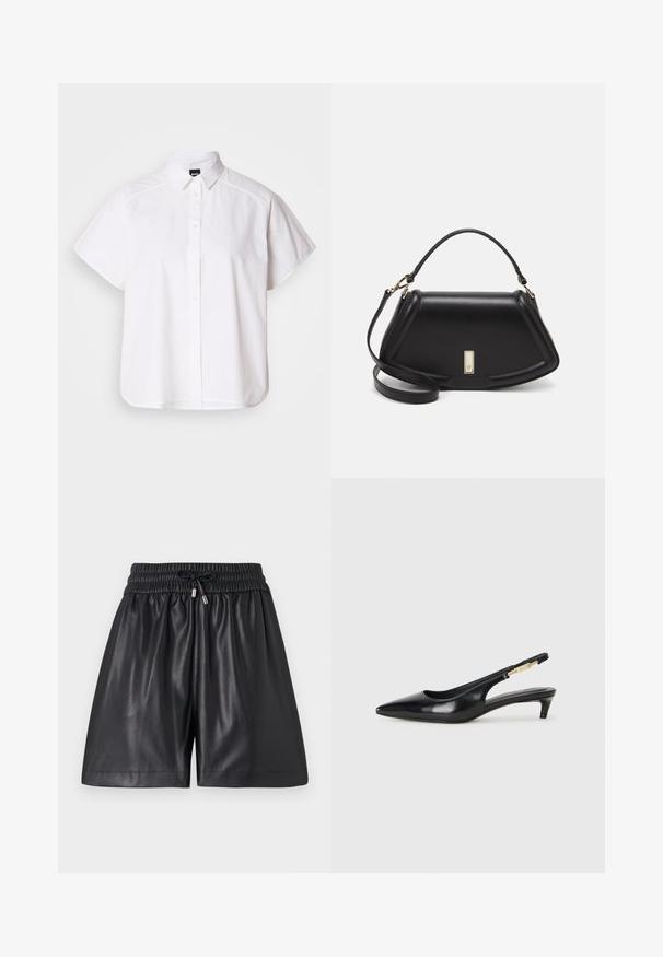 White short-sleeve button-up shirt with a pointed collar and curved hem. Made from cotton with a smooth texture and no visible patterns.; Black leather shorts with an elastic waistband and drawstring. Features a smooth texture and a relaxed fit, ending above the knee.; Black leather slingback heels with a pointed toe, featuring a slim heel and a gold-tone accent on the adjustable strap. Smooth texture.; Black leather handbag with a structured design, featuring a cropped shape, top handle, and gold hardware accent. Adjustable shoulder strap included.