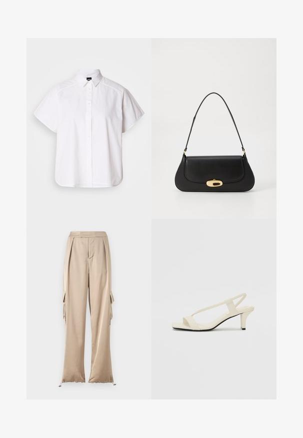 Hvit kortermet skjorte med knapper, spiss krage og buet skjortekant. Laget av bomull med en glatt tekstur og uten synlige mønstre.; Beige, vide benbukser laget av glatt stoff. Har sidelommer med klaffer og snor i hemmen for justerbar passform. Flat front med folder.; Beige blokk-høydesandaler med tynne stropper og firkantet tå. Glatt materiale med minimale detaljer, designet for enkel bruk.; Svart lærveske med en buet design, gullfarget hardware og et håndtak på toppen. Har en elegant lukking og glatt tekstur.