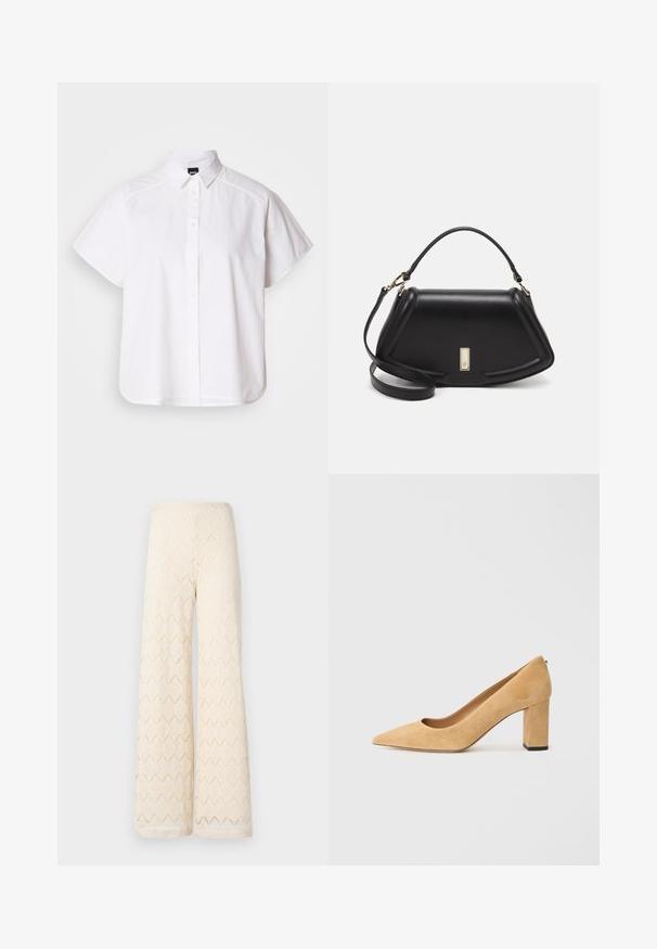 Chemise blanche à manches courtes, à boutons, avec un col pointu et un ourlet arrondi. Fabriquée en coton, elle possède une texture lisse et sans motifs visibles.; Pantalons larges de couleur crème en dentelle avec un motif géométrique. Présente une taille haute et une silhouette fluide.; Pumps à talons hauts en daim beige avec un bout pointu et un talon large. Le matériau a une texture douce avec une finition lisse.; Sac à main en cuir noir avec un design structuré, featuring une forme cropped, une poignée supérieure et des accents en matériel doré. Bandoulière réglable incluse.