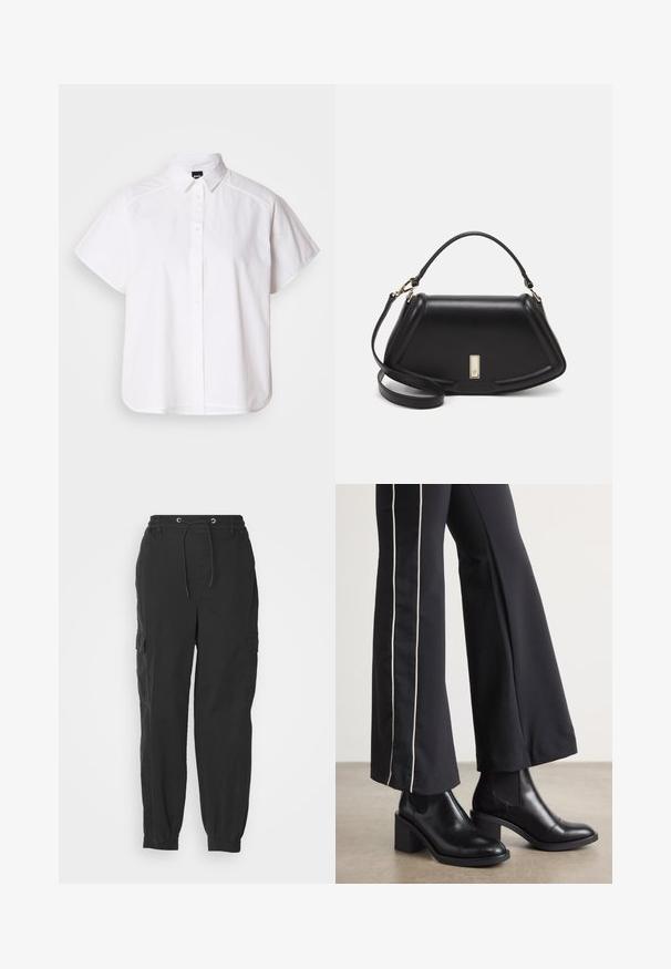 Vit kortärmad skjorta med knappar, spetthals och rundad nederkant. Tillverkad av bomull med en slät textur och inga synliga mönster.; Svarta cargo-byxor med elastisk midja, dragsnöre och sidofickor; avsmalnande ben med manschetter. Tillverkade av lättviktig tyg.; Svarta läderankelboots med klack, med elastiska sidopaneler. I kombination med svarta byxor som har en vit sidostrip.; Svart läderhandväska med en strukturerad design, som har en avskuren form, ett handtag upptill och guldiga detaljer. Justerbar axelrem ingår.
