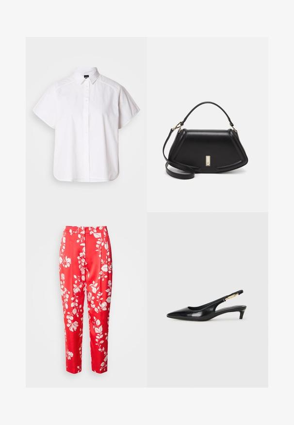 Chemise blanche à manches courtes, à boutons, avec un col pointu et un ourlet arrondi. Fabriquée en coton, elle possède une texture lisse et sans motifs visibles.; Pantalons rouges en tissu lisse avec un motif floral blanc. Ils ont une coupe ajustée avec une taille haute et une longueur cropped.; Talons hauts en cuir noir avec un bout pointu, dotés d'un talon fin et d'un accent en ton or sur la lanière réglable. Texture lisse.; Sac à main en cuir noir avec un design structuré, featuring une forme cropped, une poignée supérieure et des accents en matériel doré. Bandoulière réglable incluse.