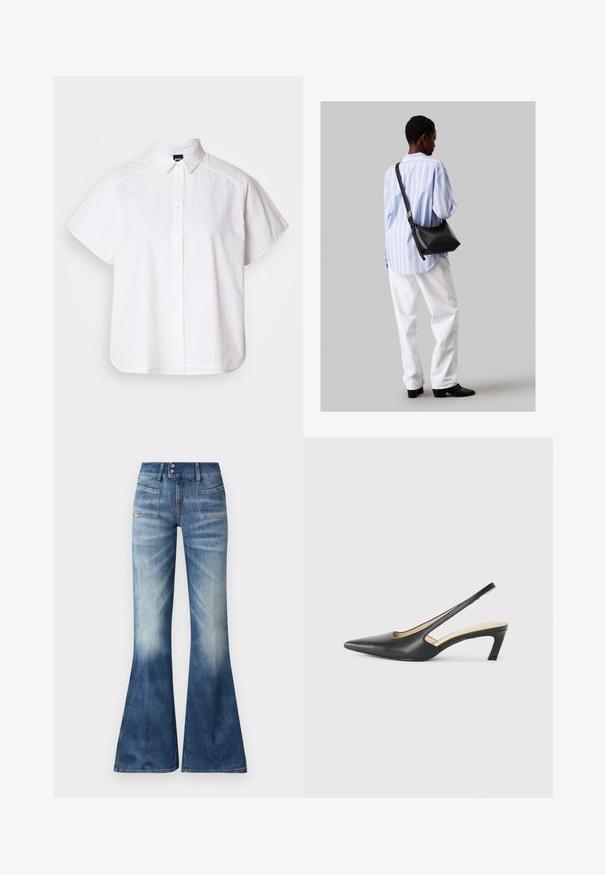 Bílá košile s krátkým rukávem a zapínáním na knoflíky, s špicatým límečkem a zakřiveným spodním lemem. Vyrobena z bavlny, má hladkou texturu a žádné viditelné vzory.; Rozšířené modré džíny z denimu se světle až tmavým gradientem, dvěma předními kapsami a zapínáním na knoflík. Vyznačují se minimálním prošíváním a hladkou texturou.; Černý špičatý slingback s nízkým podpatkem, vyrobený z hladké kůže, s výřezem na boku pro lepší prodyšnost.; Černá kožená kabelka přes rameno s jemnou texturou, trojúhelníkovým tvarem a nastavitelným popruhem, v kombinaci se světle modrou pruhovanou košilí a bílými kalhotami.