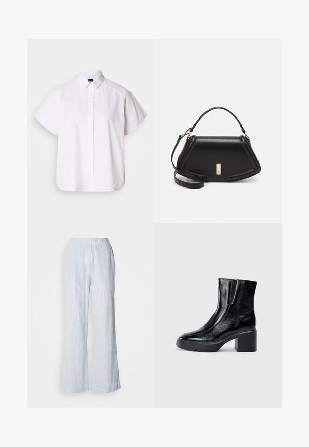 Camisa blanca de manga corta con botones, cuello con puntas y dobladillo curvado. Fabricada en algodón con una textura suave y sin patrones visibles.; Pantalones de pierna ancha de color azul claro con rayas verticales en blanco y rojo. Cuenta con una cintura elástica y bolsillos laterales. Textura suave parecida al algodón.; Botas de tobillo de charol negro con puntera curva, paneles laterales elásticos y un tacón ancho. Presentan un logo embosado en la parte posterior.; Bolso de mano de cuero negro con un diseño estructurado, que presenta una forma recortada, asa superior y acentos en dorado. Correa de hombro ajustable incluida.