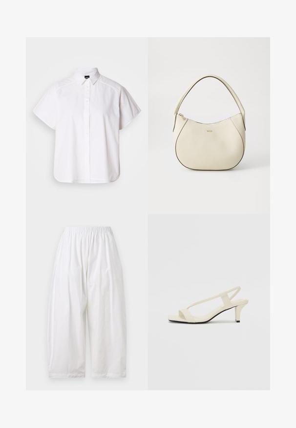 Balta īsajām piedurknēm krekls ar pogām un norādītu apkakli, kā arī viļņotu apakšmalu. Izgatavots no kokvilnas ar gludu tekstūru un bez redzamām rakstām.; Baltas, brīvi pieguļošas bikses ar elastīgu jostu. Izgatavotas no viegla auduma ar gludu tekstūru. Nedaudz īsāks garums un bez redzamām aizdara.; Beige bloku papēžu sandales ar plānām siksnām un kvadrāta formas purngalu. Gluda materiāla virsma ar minimālām detaļām, paredzētas ērtai nēsāšanai.; Krēmkrāsas rokassoma ar teksturētu virsmu, izliekta forma, īss rokturis un zelta tonī logo detaļa. Vāciņš ar rāvējslēdzēju augšpusē.
