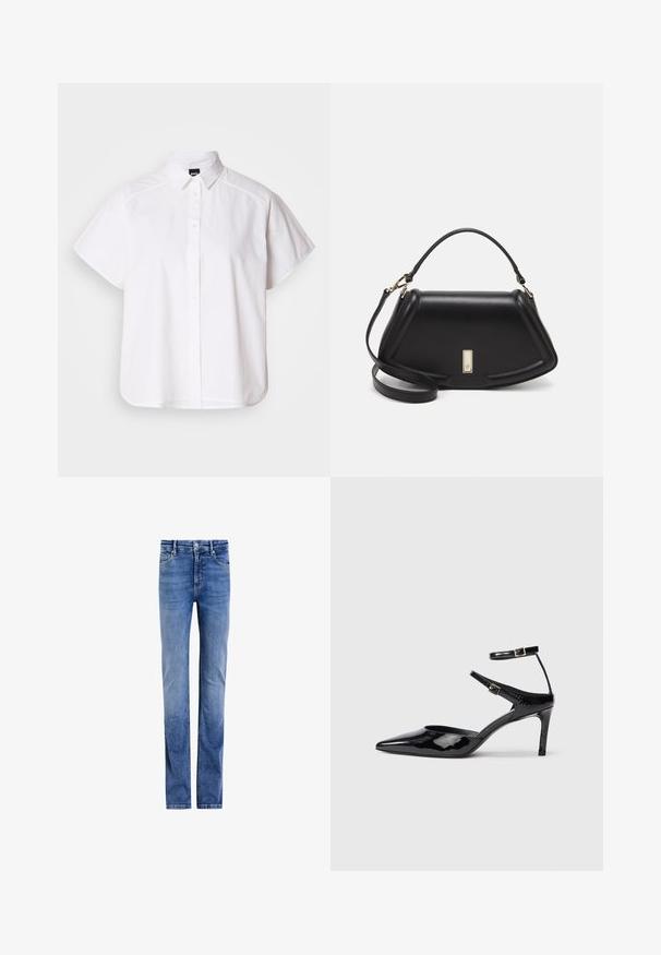 Camisa blanca de manga corta con botones, cuello con puntas y dobladillo curvado. Fabricada en algodón con una textura suave y sin patrones visibles.; Jeans de denim de color azul claro con un diseño de pierna recta, estilo de cinco bolsillos y cierre clásico de botón en la parte delantera. Lavado desgastado con un ligero efecto de desgaste.; Tacones de charol negros con puntera puntiaguda, correas ajustables en el tobillo y un tacón delgado. Textura suave con un acabado brillante.; Bolso de mano de cuero negro con un diseño estructurado, que presenta una forma recortada, asa superior y acentos en dorado. Correa de hombro ajustable incluida.
