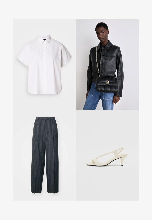 Fehér, rövid ujjú, gombos ing, hegyes gallérral és ívelt alsó résszel. Pamutból készült, sima textúrával és látható minták nélkül.; Sötétszürke csíkos nadrág, széles lábakkal, derékpánttal, oldalsó redőkkel és sima textúrával.; Beige színű, blokksarkú szandálok vékony pántokkal és négyzet alakú orral. Simább anyag, minimális részletezéssel, amely könnyű viselésre lett tervezve.; Fekete bőrkabát gombos záródással és két elülső zsebbel, fekete steppelt kézitáskával párosítva, amely arany csattal és lánc pánttal rendelkezik.