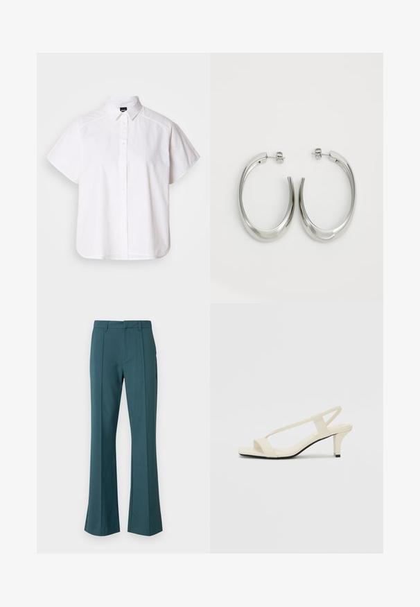 Fehér, rövid ujjú, gombos ing, hegyes gallérral és ívelt alsó résszel. Pamutból készült, sima textúrával és látható minták nélkül.; Zöldes-kék, bő szárú nadrág sima anyagból, lapos elülső résszel, két oldalsó zsebbel és enyhe harangszóval az alján.; Beige színű, blokksarkú szandálok vékony pántokkal és négyzet alakú orral. Simább anyag, minimális részletezéssel, amely könnyű viselésre lett tervezve.; Ezüst karika fülbevalók sima, ívelt formával. Fényes fémes felülettel és tűs zárral rendelkeznek. Nincsenek látható minták vagy kiegészítők.