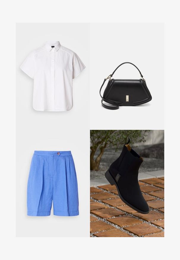 Balta īsajām piedurknēm krekls ar pogām un norādītu apkakli, kā arī viļņotu apakšmalu. Izgatavots no kokvilnas ar gludu tekstūru un bez redzamām rakstām.; Zili lina šorti ar bikšu, pogu aizdari un taisnu griezumu. Iezīmēti ar gludu tekstūru un apakšmalu, kas krīt virs ceļgaliem.; Melnas ādas potītes zābaki ar gludu apdari, dzeltenu iekšējo odere un rokturīti; kā fons ir teksturēta koka un grants virsma.; Melnas ādas roku soma ar struktūru, ar īsu formu, augšējo rokturi un zelta aksesuāriem. Iekļauta regulējama plecu siksna.