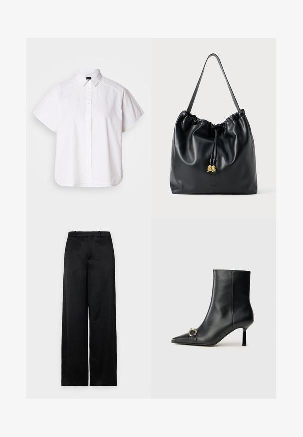 Witte kortemouw overhemd met knopen, voorzien van een puntige kraag en een gebogen zoom. Gemaakt van katoen met een gladde textuur en zonder zichtbare patronen.; Zwarte wijde broek van een lichtgewicht, gestructureerde stof. Bevat een gladde tailleband met riemlussen en een rechte, vloeiende silhouet.; Zwarte leren enkelboot met spitse neus, slanke middenhoge hak en zilveren gespdetail aan de zijkant op een effen achtergrond.; Zwarte leren trekkoordtas met een soepele textuur, gatherin aan de bovenkant en subtiele gouden accenten. Beschikt over een enkele stevige schouderband en een geperst logo.