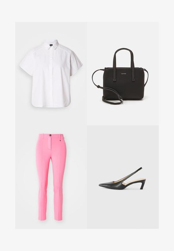 White short-sleeve button-up shirt with a pointed collar and curved hem. Made from cotton with a smooth texture and no visible patterns.; Pink tailored pants made of stretchy fabric, featuring a front button closure, slim fit, and vertical seams for a streamlined look.; Black pointy-toed slingback shoe with a low heel, featuring smooth leather material and cut-out design on the side for breathability.; Black handbag with dual short handles and a removable shoulder strap. Smooth leather-like material with a zip closure and logo detail.