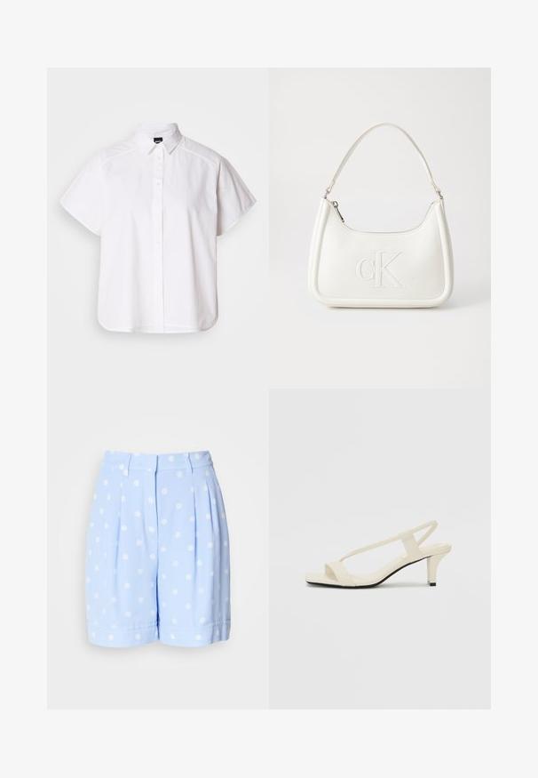 Cămașă albă cu mânecă scurtă, cu nasturi, guler ascuțit și margine curbă. Fabricată din bumbac, cu o textură netedă și fără modele vizibile.; Pantaloni scurți de un albastru deschis, fabricați dintr-un material neted, cu buline albe, pliuri frontale și manșete răsucite. Talie croită cu bucle pentru curea.; Sandale bej cu toc bloc, cu bretele subțiri și vârf pătrat. Material neted cu detalii minime, concepute pentru a fi ușor de purtat.; Geantă de umăr din piele albă cu formă curbată, având un logo "CK" embosat pe partea din față și un singur braț de umăr. Închidere cu fermoar în partea de sus.