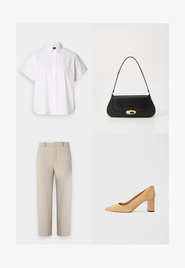 Weißes kurzärmliges Hemd mit Knopfleiste, spitzem Kragen und abgerundetem Saum. Hergestellt aus Baumwolle mit glatter Textur und ohne sichtbare Muster.; Beige cropped Hosen, maßgeschneidertes Design, flacher Bund mit verdecktem Reißverschluss, zwei seitlichen Taschen, aus glattem Baumwollmischgewebe gefertigt.; Beige Wildleder-Pumps mit hohem Absatz, spitz zulaufend und mit einem klobigen Blockabsatz. Das Material hat eine weiche Textur mit einer glatten Oberfläche.; Schwarze Lederhandtasche mit geschwungenem Design, Beschlägen in Goldfarbe und einem oberen Griff. Verfügt über einen eleganten Verschluss und eine glatte Textur.