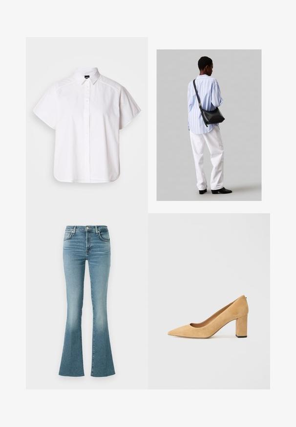 Fehér, rövid ujjú, gombos ing, hegyes gallérral és ívelt alsó résszel. Pamutból készült, sima textúrával és látható minták nélkül.; Világoskék farmer, trapézszárú nadrág, magas derekú kivitelben, elülső zsebekkel és klasszikus öt zsebes dizájnnal, sima textúrával és kopott hatású befejezéssel.; Beige velúr magassarkú cipő, hegyes orral és tömzsi sarokkal. Az anyag puha tapintású, sima felületű.; Fekete bőr válltáska puha tapintással, háromszög alakú, állítható pánttal, világoskék csíkos inggel és fehér nadrággal párosítva.