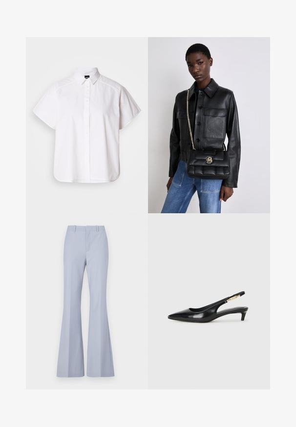 Chemise blanche à manches courtes, à boutons, avec un col pointu et un ourlet arrondi. Fabriquée en coton, elle possède une texture lisse et sans motifs visibles.; Pantalons évasés bleu clair avec une texture lisse, dotés d'un devant plat, de deux poches latérales et d'une ceinture propre.; Talons hauts en cuir noir avec un bout pointu, dotés d'un talon fin et d'un accent en ton or sur la lanière réglable. Texture lisse.; Veste en cuir noir avec fermeture à bouton et deux poches avant, assortie d'un sac à main matelassé noir avec un fermoir en or et une bandoulière chaîne.