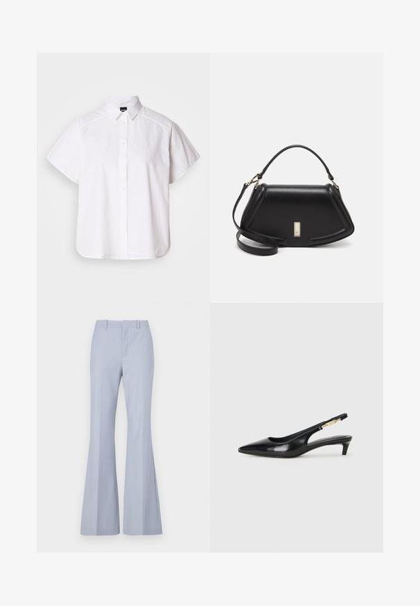 White short-sleeve button-up shirt with a pointed collar and curved hem. Made from cotton with a smooth texture and no visible patterns.; Light blue flared trousers with a smooth texture, featuring a flat front, two side pockets, and a clean waistband.; Black leather slingback heels with a pointed toe, featuring a slim heel and a gold-tone accent on the adjustable strap. Smooth texture.; Black leather handbag with a structured design, featuring a cropped shape, top handle, and gold hardware accent. Adjustable shoulder strap included.