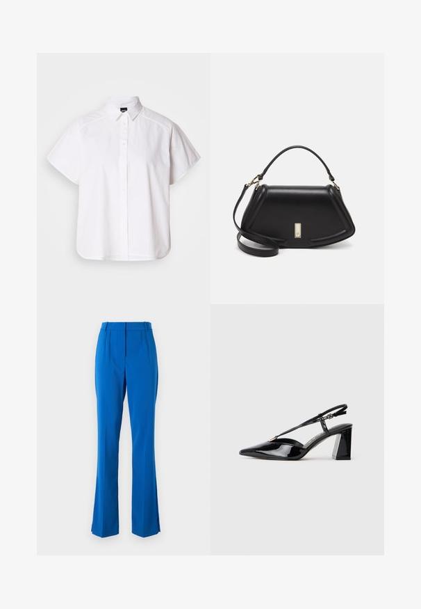 Balta īsajām piedurknēm krekls ar pogām un norādītu apkakli, kā arī viļņotu apakšmalu. Izgatavots no kokvilnas ar gludu tekstūru un bez redzamām rakstām.; Zili pielāgoti bikses ar augstu jostasvietu, plisētu priekšpusi un izplešamiem galiem ar sānu šķēlēm, izgatavotas no gludas, vieglas auduma.; Melnas lakotas ādas sandalējas augstpapēžu kurpes ar smailu purngalu, regulējamu siksniņu un masīlu taisnstūrveida papēdi.; Melnas ādas roku soma ar struktūru, ar īsu formu, augšējo rokturi un zelta aksesuāriem. Iekļauta regulējama plecu siksna.