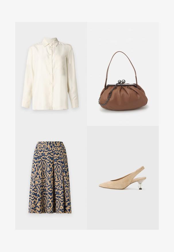 Chemise boutonnée à manches longues de couleur crème en tissu lisse, avec un col et une poche poitrine unique. Design minimal et texture douce.; Une jupe jusqu'au genou avec un imprimé géométrique en bleu marine et beige, dotée de plis et d'une texture douce.; Chaussure slingback en suède beige avec un nez pointu et un talon transparent et arrondi. Texture lisse et design minimaliste.; Sac à main en cuir marron avec un design plissé, une courte poignée en cuir et une bandoulière en chaîne. Présente un fermoir en métal argenté avec deux accents ronds.