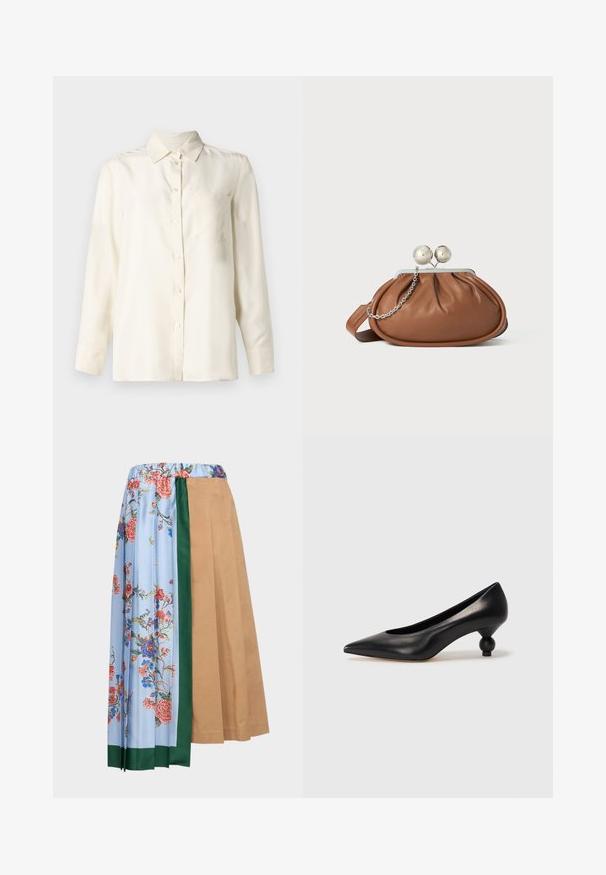Chemise boutonnée à manches longues de couleur crème en tissu lisse, avec un col et une poche poitrine unique. Design minimal et texture douce.; WEEKEND MaxMara OPEROSO - Jupe trapèze - beige; Chaussure à talon haut en cuir noir avec un bout pointu et un talon arrondi. Texture lisse avec un design épuré et minimal.; Pochette en cuir marron avec un fermoir à boule en argent et un petit détail en chaîne argentée sur fond blanc.