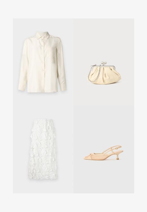 Camisa de botones de manga larga color crema, confeccionada en una tela suave, con collar y un único bolsillo en el pecho. Diseño minimalista y textura suave.; Falda blanca hasta el tobillo hecha de encaje floral intrincado con dobladillo ondulado. Cintura elástica para un ajuste relajado. Patrón texturizado y delicado.; Stuart Weitzman KITTY - Tacones - beige/barely beige; Clutch de cuero beige plisado con un marco de metal plateado, que cuenta con dos broches decorativos redondos y una correa de cadena plateada.