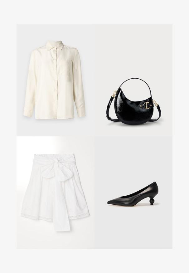 Kreminės spalvos, ilgomis rankovėmis marškiniai su mygtukais, pagaminti iš lygaus audinio, su apykakle ir viena krūtinės kišene. Minimalistinis dizainas ir minkšta tekstūra.; Erdem SKIRT WITH GATHERED WASIT - Trapecinis sijonas - white; Juoda odinė aukštakulnė bateliai su smailiu pirštu ir apvaliu, iškiliu kulnu. Lygus paviršius su elegantišku, minimalistiniu dizainu.; Juodas patentuotas odinis rankinukas su išlenkta forma, reguliuojamu diržu ir auksinių tonų detale šone. Lygus, blizgus paviršius.