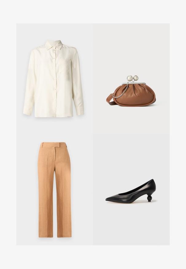 Krém színű, hosszú ujjú, gombos ing sima anyagból, széles gallérral és egyetlen mellzsebbel. Minimális dizájn és puha textúra.; Világosbarna len nadrág, egyenes szabással, két elülső pliszéval és lapos derékpánttal. Nincsenek látható zsebek vagy fém részletek.; Fekete bőr magassarkú cipő, hegyes orral és kerek, gömbölyű sarokkal. Simább textúrával, elegáns, minimalista dizájnnal.; Barna bőrből készült clutch táska ezüst gömb záróval és kis ezüst lánc díszítéssel, fehér háttéren.
