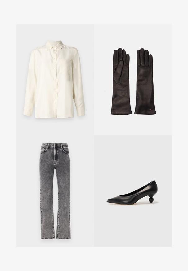 Kreminės spalvos, ilgomis rankovėmis marškiniai su mygtukais, pagaminti iš lygaus audinio, su apykakle ir viena krūtinės kišene. Minimalistinis dizainas ir minkšta tekstūra.; Pilkos džinsinės kelnes su aukštu liemeniu, tiesaus kirpimo dizainu, su subtiliai apdirbtais plaukais ir standartine penkių kišenių stilistika.; Juoda odinė aukštakulnė bateliai su smailiu pirštu ir apvaliu, iškiliu kulnu. Lygus paviršius su elegantišku, minimalistiniu dizainu.; Weekend Max Mara SENAPE - Pirštinės - nero