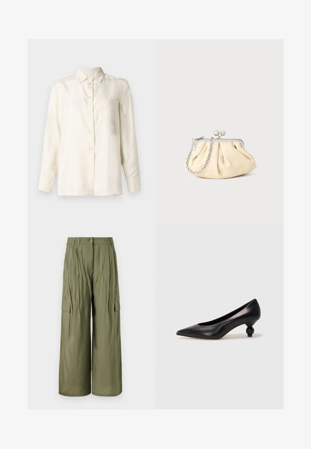 Chemise boutonnée à manches longues de couleur crème en tissu lisse, avec un col et une poche poitrine unique. Design minimal et texture douce.; Pantalons cargo à jambe large olive avec plis sur le devant, poches latérales et fermeture par bouton. Texture lisse, tissu léger.; Chaussure à talon haut en cuir noir avec un bout pointu et un talon arrondi. Texture lisse avec un design épuré et minimal.; Pochette en cuir beige plissé avec un cadre en métal argenté, dotée de deux fermoirs ronds décoratifs et d'une chaîne en argent.