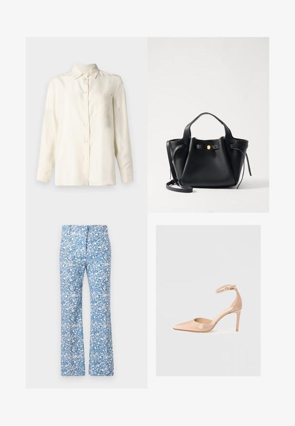 Cremfarbener, langärmeliger Hemd mit Knöpfen aus einem glatten Stoff, mit Kragen und einer einzelnen Brusttasche. Minimalistisches Design und weiche Textur.; Ausgestellte Hosen in einem blau-weißen Blumenmuster, mit einem glatten Stoff, einem Reißverschluss und zwei Fronttaschen.; Nude Lackleder-Pumps mit spitzem Zehenbereich, einem Knöchelriemen und einem Stiletto-Absatz, die eine glatte Textur und ein minimalistisches Design aufweisen.; Schwarze Ledertasche mit strukturierter Form, ausgestattet mit einem goldenen Akzent, zwei kurzen Griffen und einem abnehmbaren langen Tragegurt. Texturierte Oberfläche.