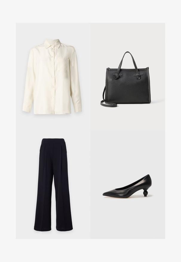Cămașă crem, cu mâneci lungi, cu butoni, dintr-un material neted, cu guler și un singur buzunar pe piept. Design minimal și textură moale.; Pantaloni largi din material negru, cu o talie înaltă și pliseuri pe partea din față. Textură fină și margini de tiv finisate.; Pantofii cu toc înalt din piele neagră, cu vârf ascuțit și toc rotund, mimos. Textură netedă, cu un design elegant și minimalist.; Geantă de piele neagră cu un finisaj texturat, formă rectangulară, două mânere superioare și o curea de umăr detașabilă. Detaliu de cusătură în contrast.