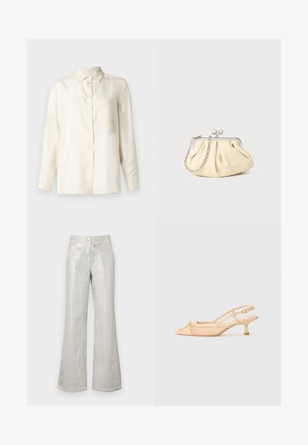 Cremefarvet, langærmet skjorte med knapper i et glat stof, med krave og en enkelt brystlomme. Minimalistisk design og blød tekstur.; Sølvfarvede flare bukser lavet af et skinnende materiale, med lukning foran med knap, to lommer og synlige syninger.; Stuart Weitzman KITTY - Pumps - beige/barely beige; Plisseret beige læderclutch med en sølvmetalramme, der har to runde dekorative låse og en sølvkædetrasporte.