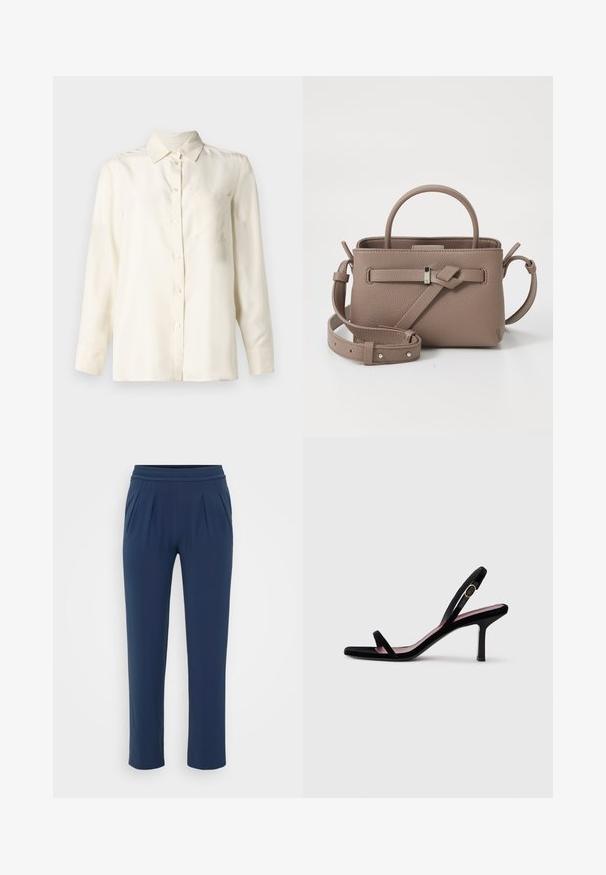 Krémová, dlhá košeľa s dlhými rukávmi na gombíky z hladkej látky s golierom a jednou náprsník pockou. Minimalistický dizajn a jemná textúra.; Námornícke modré nohavice s vysokým pásom, elastickým pásom, širokými rovnými nohami a bočnými vreckami, vystavené na jednoduchom pozadí.; Čierne semišové dámske sandále na vysokom opätku s tenkými popruhmi a zlatou prackou na bielom pozadí, bočný pohľad.; Hnedošedá textúrovaná kožená kabelka s horným uchom, nastaviteľným ramenným popruhom a dekoračným uzlom na čistej bielej fotke.