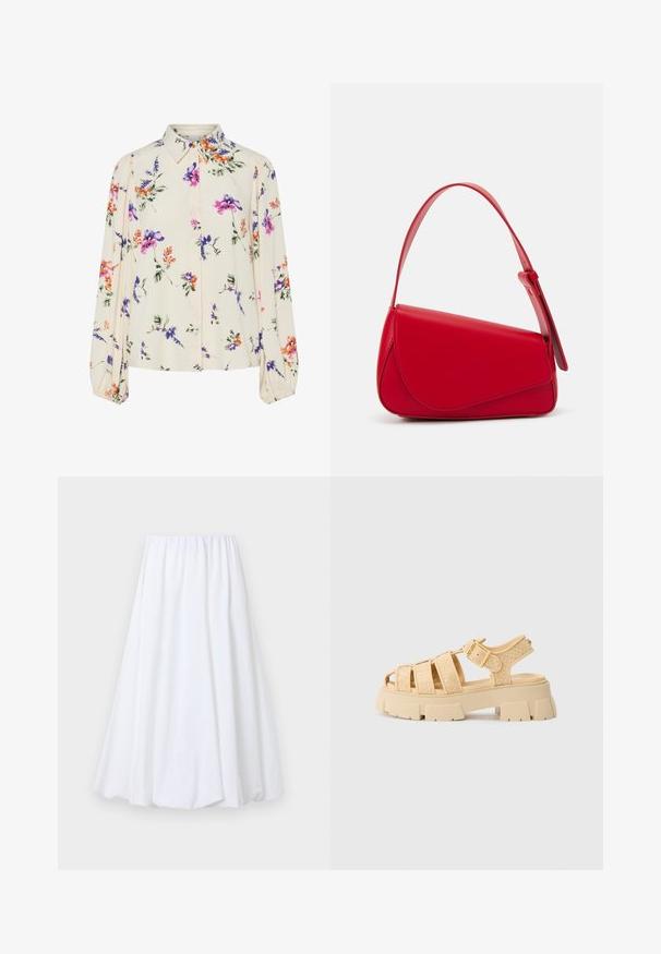 Virágmintás blúz hosszú puffos ujjakkal, világos krém alapon, lila, narancs és zöld virágmintázattal, klasszikus gallér dizájnnal.; Fehér, bokáig érő szoknya, elastikus derekkal, könnyű anyagból, sima textúrával és lebegő sziluettel.; Beige platform szandál, fonott pántokkal és csattal. Vastag talp, textúrált felülettel. Nyitott orr dizájn. Könnyű és hétköznapi.; Piros bőr kézitáska szögletes, geometrikus kialakítással. Egy állítható pánttal és varrott részletekkel ellátott fedélzárral rendelkezik.