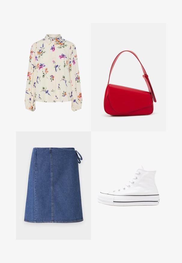 Kvetinová blúzka s dlhými puff rukávmi, svetlovo krémovej farby, so vzormi kvetov v purpurovej, oranžovej a zelenej farbe, a klasickým dizajnom goliera.; Denimová zavinovacia sukňa v tmavomodrej farbe. Má rovný strih, viditeľné švy a bočné uviazanie na úpravu. Hladký povrch a štandardný lem.; Biele vysoké plátené tenisky s čiernou gumovou podošvou, prednou gumovou špičkou a šiestimi okami na šnúrky, s čistým, minimalistickým dizajnom.; Červená kožená kabelka s ostrým, geometrickým dizajnom. Má jeden nastaviteľný popruh a uzatváranie na klopu so šitím.