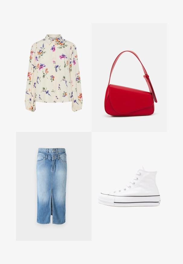 Bluză florală cu mâneci lungi și puff, bază de crem deschis, cu modele florale în nuanțe de violet, portocaliu și verde, și design cu guler clasic.; Fustă din denim de culoare albastru deschis, cu o fanta în față, închidere cu două nasturi, talie înaltă și design standard cu cinci buzunare. Textură netedă, lungime medie.; Adidași albi tip pantofi sport cu glezna din pânză, cu talpă din cauciuc negru, capac de vârf din cauciuc frontal și șase ochiuri pentru șireturi, având un design curat și minimalist.; Geantă de mână din piele roșie, cu un design unghiular și geometric. Dispune de o singură curea ajustabilă și un sistem de închidere cu clapetă, cu detalii cusute.