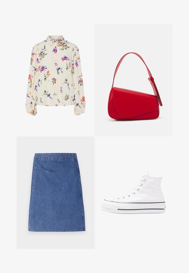 Ziedu blūze ar garām pūkām, gaiši krēmveida pamatne, ar purpursarkanām, oranžām un zaļām ziedu rakstiem, kā arī klasisko apkakles dizainu.; Denim mini svārki vidēji zilos toņos, ar pieguļošu jostasvietu un taisnu griezumu. Raksturīga gluda tekstūra un vienkārša apakšmala.; Balti augstie kanvas sporta apavi ar melnu gumijas zoli, priekšējo gumijas purngalu un sešām acīm lencēm, kuriem ir tīrs, minimālistisks dizains.; Sarkans ādas rokassomi ar stūrainu, ģeometrisku dizainu. Iekļauj vienu regulējamu siksnu un vāku ar izšūtu detaļu.