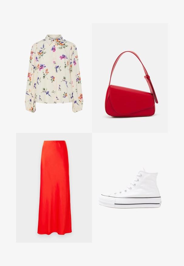 Cvetna bluzica z dolgimi puff rokavi, svetlo smetanaste barve, s purpurnimi, oranžnimi in zelenimi cvetličnimi vzorci ter klasičnim ovratnikom.; Rdeča satenasta maksi krila z gladko teksturo, visokim pasom in A-linijo, ki ima dolg dizajn do tal in brez vidnih zapiral. ; Beli visoki platneni športni čevelj z črnim gumijastim podplatom, sprednjim gumijastim zaščitnikom za prste in šestimi luknjicami za vezalke, ki se ponaša s preprostim, minimalističnim dizajnom.; Rdeča usnjena torba z angularnim, geometrijskim dizajnom. Ima en samostoječ nastavljiv ročaj in pokrov, zaprt z zapiranjem, ki je okrašen s šivi.