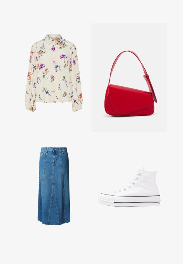 Blusa floral com mangas bufantes longas, base de creme claro, apresentando padrões florais em roxo, laranja e verde, e design de gola clássica.; Saia de ganga em azul claro, até ao joelho, com uma cintura ajustada, fecho de botão e bolsos frontais; apresenta um design em painéis e uma bainha desfiada.; Sapatilha alta de tela branca com sola de borracha preta, bico de borracha na frente e seis ilhós para os atacadores, apresentando um design limpo e minimalista.; Bolsa de mão em couro vermelho com um design angular e geométrico. Apresenta uma única alça ajustável e um fecho com aba, com detalhes cosidos.