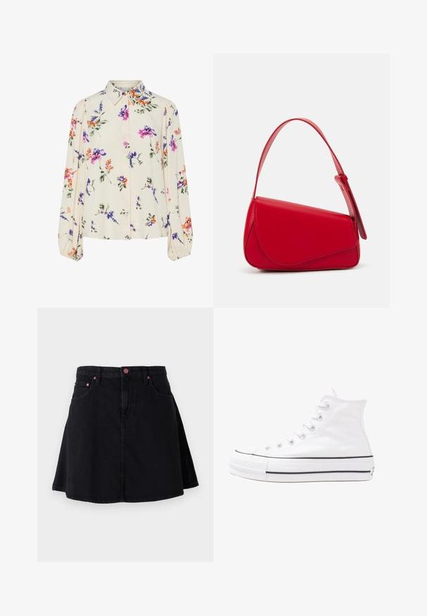 Cvetna bluzica z dolgimi puff rokavi, svetlo smetanaste barve, s purpurnimi, oranžnimi in zelenimi cvetličnimi vzorci ter klasičnim ovratnikom.; Črna jeans krilo s širokim krojem, ki ima sprednje žepe in rožnate kovinske dodatke na pasu in robovih žepov.; Beli visoki platneni športni čevelj z črnim gumijastim podplatom, sprednjim gumijastim zaščitnikom za prste in šestimi luknjicami za vezalke, ki se ponaša s preprostim, minimalističnim dizajnom.; Rdeča usnjena torba z angularnim, geometrijskim dizajnom. Ima en samostoječ nastavljiv ročaj in pokrov, zaprt z zapiranjem, ki je okrašen s šivi.