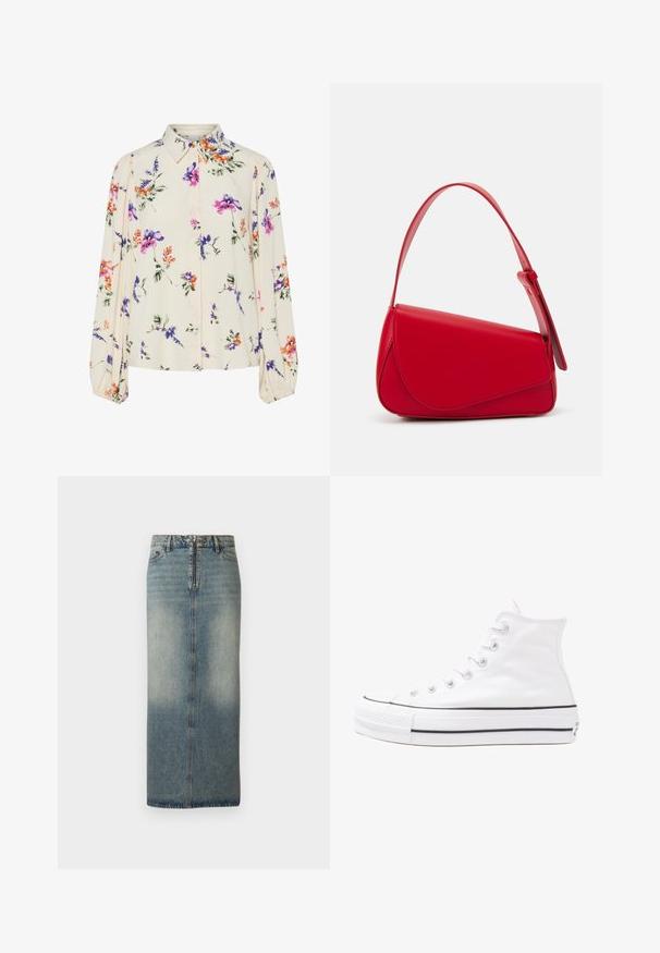 Lille kreemipehme lilleline pluus, millel on pikad puhvli varrukad, millel on lillad, oranžid ja rohelised lillemustrid ning klassikaline kaelus.; Heledsinine denim midi seelik, millel on kulunud viimistlus. Omab esist zipperit ja nuppude sulgemist, otse lõiget ja minimaalseid õmbluse detaile.; Valge kõrgem kangast tenniseking, millel on must kummist tald, ees kummist varvasetugi ja kuus aukku paelte jaoks, pakkudes puhta ja minimalistliku disaini.; Punane nahast käekott, millel on nurkadega geomeetriline disain. Omab ühte reguleeritavat rihma ja klappidega sulgemist, millel on õmblustega kaunistused.