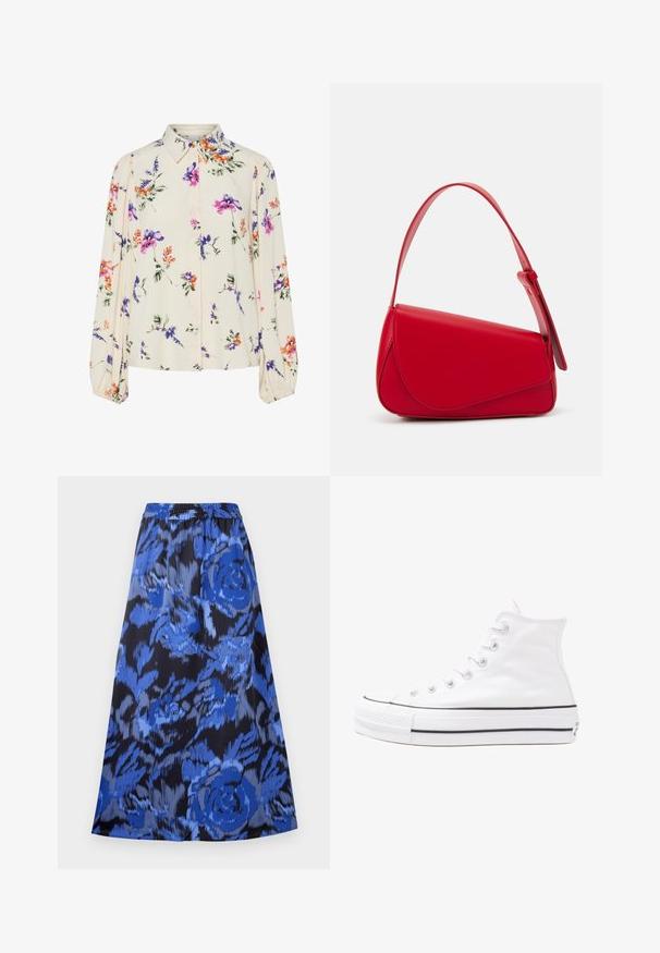 Virágmintás blúz hosszú puffos ujjakkal, világos krém alapon, lila, narancs és zöld virágmintázattal, klasszikus gallér dizájnnal.; Fellő szoknya kék virágmintával fekete háttéren. Rugalmas derékpánt, könnyű anyag és térdhez érő fazon.; Fehér magaskorsó vászon sportcipő fekete gumi talppal, elülső gumi orrnyereggel és hat fűzőlyukkal, letisztult, minimalista dizájnnal.; Piros bőr kézitáska szögletes, geometrikus kialakítással. Egy állítható pánttal és varrott részletekkel ellátott fedélzárral rendelkezik.