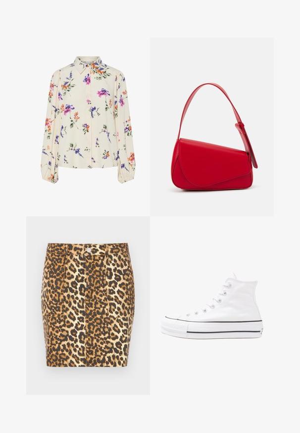 Cvetna bluzica z dolgimi puff rokavi, svetlo smetanaste barve, s purpurnimi, oranžnimi in zelenimi cvetličnimi vzorci ter klasičnim ovratnikom.; Jeans mini krilo z leopardjim vzorcem v rjavih in bež odtenkih, ki ima sprednje gumbno zapiranje in dva stranska žepa.; Beli visoki platneni športni čevelj z črnim gumijastim podplatom, sprednjim gumijastim zaščitnikom za prste in šestimi luknjicami za vezalke, ki se ponaša s preprostim, minimalističnim dizajnom.; Rdeča usnjena torba z angularnim, geometrijskim dizajnom. Ima en samostoječ nastavljiv ročaj in pokrov, zaprt z zapiranjem, ki je okrašen s šivi.