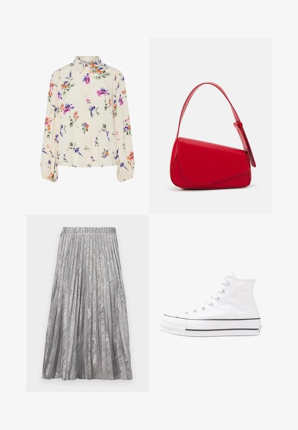 Blusa floreale con maniche puff lunghe, base di un chiaro crema, caratterizzata da motivi floreali in viola, arancione e verde, con un classico design del colletto.; Gonna plissettata argentata con una vita alta, caratterizzata da una finitura metallica testurizzata e linee verticali, che arriva fino a metà polpaccio.; Sneaker alta in tela bianca con suola in gomma nera, punta in gomma frontale e sei asole per i lacci, caratterizzata da un design pulito e minimalista.; Borsa a tracolla in pelle rossa con un design angolare e geometrico. Presenta una singola tracolla regolabile e una chiusura a patta con dettagli cuciti.