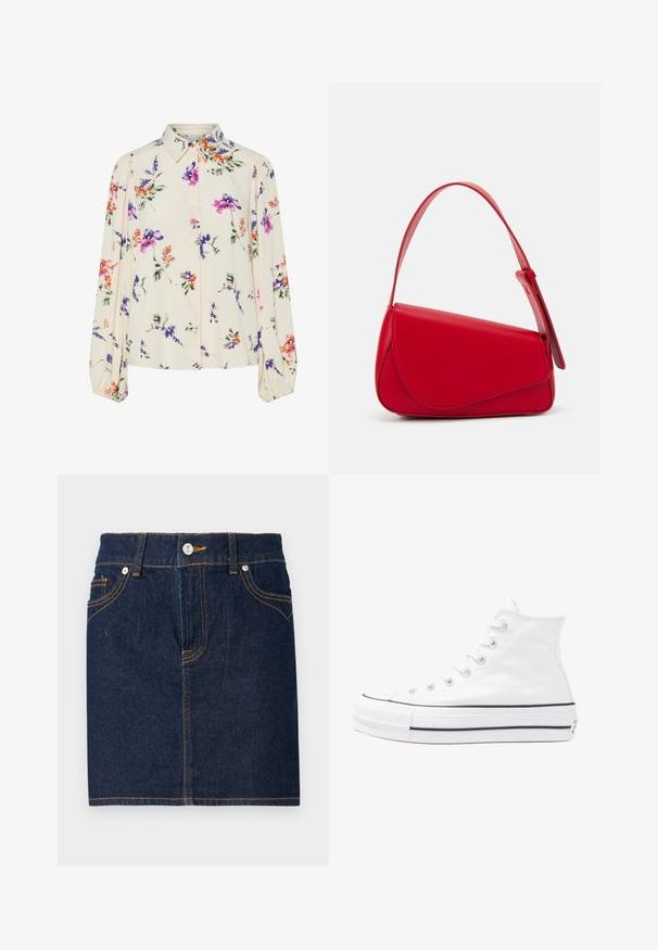 Ziedu blūze ar garām pūkām, gaiši krēmveida pamatne, ar purpursarkanām, oranžām un zaļām ziedu rakstiem, kā arī klasisko apkakles dizainu.; Tumši zila džinsu svārku ar redzamām šuvēm, piecu kabatu dizainu un priekšējo pogu aizdari. Taisna piegriezums ar tīru apakšējo malu.; Balti augstie kanvas sporta apavi ar melnu gumijas zoli, priekšējo gumijas purngalu un sešām acīm lencēm, kuriem ir tīrs, minimālistisks dizains.; Sarkans ādas rokassomi ar stūrainu, ģeometrisku dizainu. Iekļauj vienu regulējamu siksnu un vāku ar izšūtu detaļu.