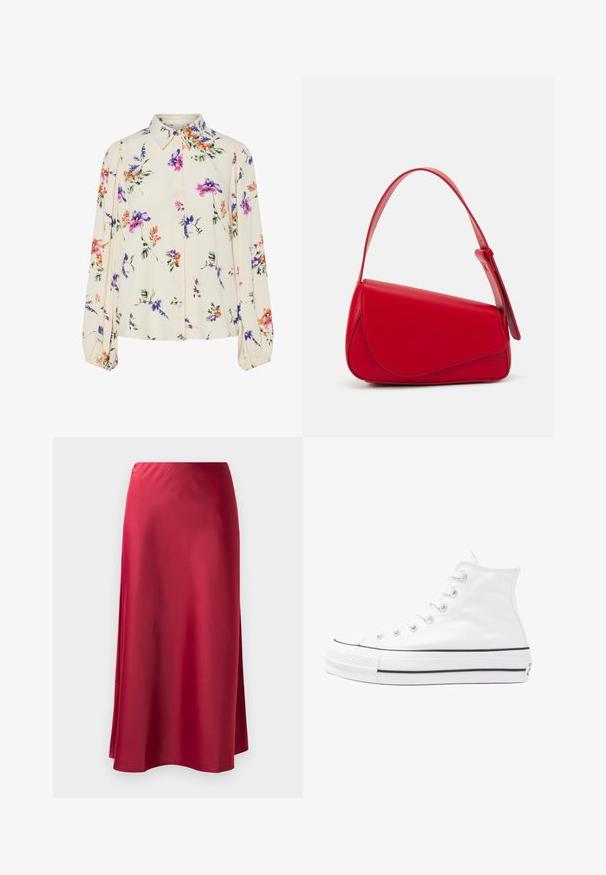 Blouse fleurie à manches bouffantes longues, base crème clair, ornée de motifs floraux violets, oranges et verts, avec un col classique.; Jupe longue en satin rouge avec une texture lisse, légèrement évasée, et une fente sur le côté pour faciliter les mouvements. Pas de matériel ou de décorations visibles.; Baskets montantes en toile blanche avec semelle en caoutchouc noir, capuchon en caoutchouc à l'avant, et six œillets pour les lacets, présentant un design épuré et minimaliste.; Sac à main en cuir rouge avec un design angulaire et géométrique. Il dispose d'une seule sangle ajustable et d'une fermeture à rabat avec un detailing cousu.