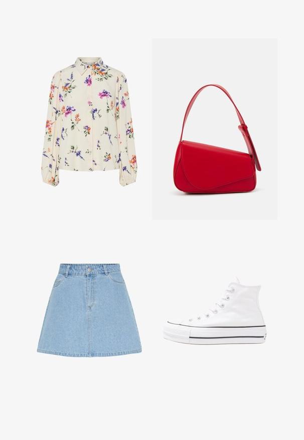 Virágmintás blúz hosszú puffos ujjakkal, világos krém alapon, lila, narancs és zöld virágmintázattal, klasszikus gallér dizájnnal.; Világoskék farmer szoknya, amely bővülő fazonú, magas derekú, elöl zsebekkel és ezüst gombos záródással a deréknál; nem látható mintázattal.; Fehér magaskorsó vászon sportcipő fekete gumi talppal, elülső gumi orrnyereggel és hat fűzőlyukkal, letisztult, minimalista dizájnnal.; Piros bőr kézitáska szögletes, geometrikus kialakítással. Egy állítható pánttal és varrott részletekkel ellátott fedélzárral rendelkezik.