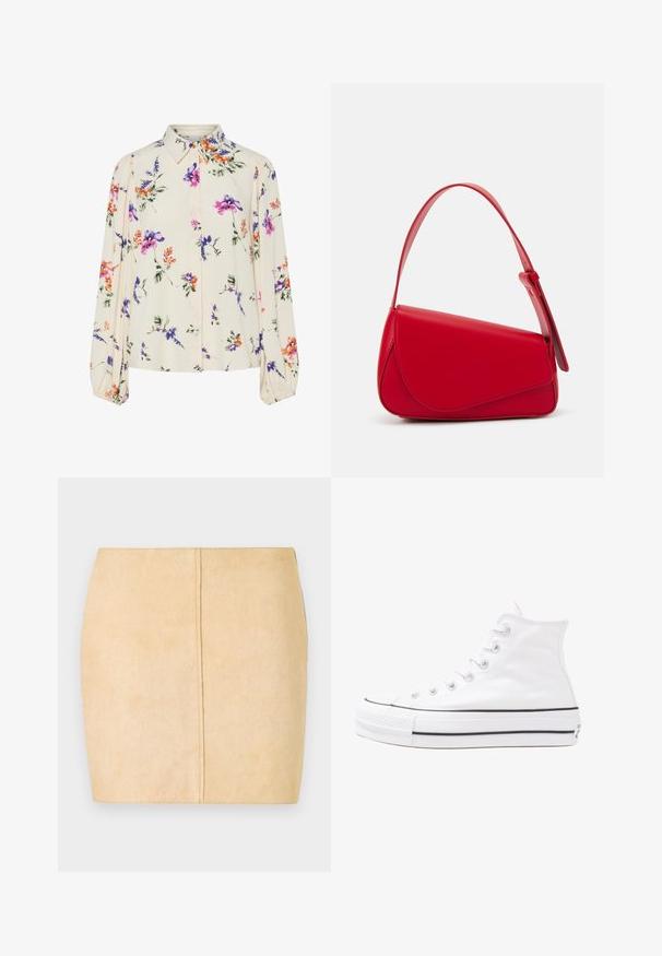 Blomstrete bluse med lange pufferm, lys kremfarge, med lilla, oransje og grønne blomster mønstre, og klassisk kragedesign.; Beige suede miniskjørt med en jevn tekstur, tettsittende fasong og sentral sømdetalj. Ingen synlig maskinvare eller dekorasjoner.; Hvit høy-skinn kanvas sneakers med svart gummisåle, gummitåhette foran og seks hull for snorer, med et rent, minimalistisk design.; Rød lærveske med en vinklet, geometrisk design. Har en enkelt justerbar stropp og en klaffelukking med sydd detaljer.