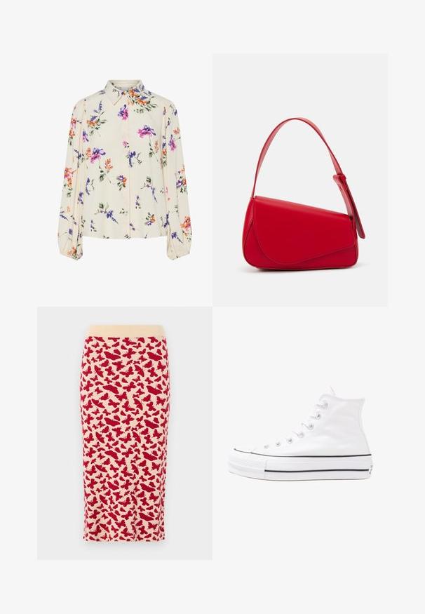 Blomstrete bluse med lange pufferm, lys kremfarge, med lilla, oransje og grønne blomster mønstre, og klassisk kragedesign.; Knelanget blyantskjørt med en kremfarget bakgrunn og rødt sommerfugl mønster. Myk stoff med en tettsittende form og elastisk midje.; Hvit høy-skinn kanvas sneakers med svart gummisåle, gummitåhette foran og seks hull for snorer, med et rent, minimalistisk design.; Rød lærveske med en vinklet, geometrisk design. Har en enkelt justerbar stropp og en klaffelukking med sydd detaljer.
