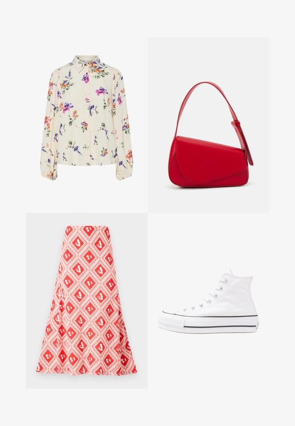 Floral blouse with long puff sleeves, light cream base, featuring purple, orange, and green floral patterns, and classic collar design.; Red and white patterned skirt featuring a diamond design with small flower motifs and a flared shape, made from a smooth fabric.; White high-top canvas sneaker with black rubber sole, front rubber toe cap, and six eyelets for laces, featuring a clean, minimalist design.; Red leather handbag with an angular, geometric design. Features a single adjustable strap and a flap closure with stitched detailing.