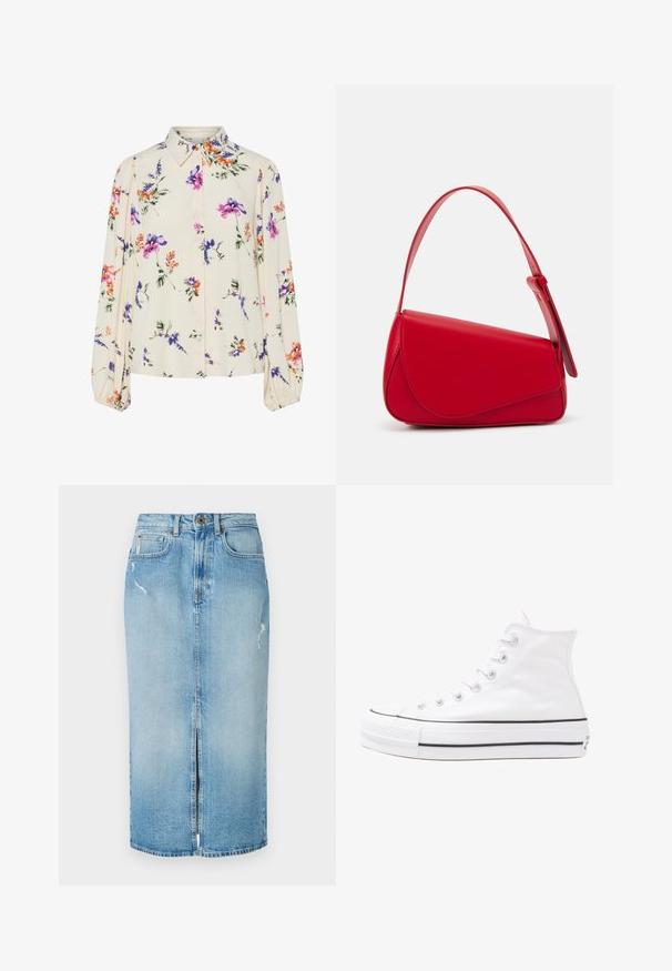 Cvetna bluzica z dolgimi puff rokavi, svetlo smetanaste barve, s purpurnimi, oranžnimi in zelenimi cvetličnimi vzorci ter klasičnim ovratnikom.; Svetlo modra denim midi krila z ustvarjenim razporkom spredaj, zblazino teksturo in uničenimi poudarki. Ima zanke za pas in zadrgo spredaj.; Beli visoki platneni športni čevelj z črnim gumijastim podplatom, sprednjim gumijastim zaščitnikom za prste in šestimi luknjicami za vezalke, ki se ponaša s preprostim, minimalističnim dizajnom.; Rdeča usnjena torba z angularnim, geometrijskim dizajnom. Ima en samostoječ nastavljiv ročaj in pokrov, zaprt z zapiranjem, ki je okrašen s šivi.